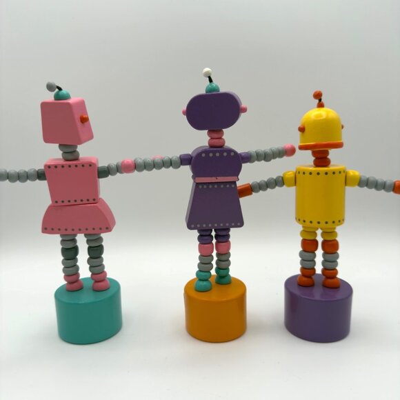 Vintage Lot Wooden Push Puppet Toy Robot Retro Articulated Figure Collectible - Picture 2 of 13